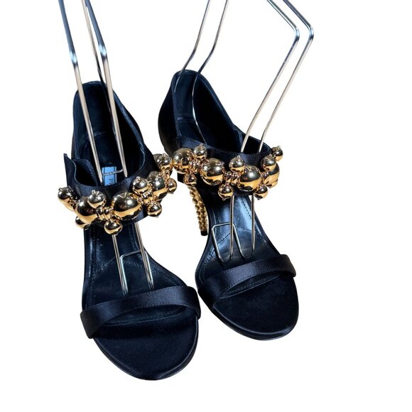 Prada Authentic Black Satin Embellished Gold Ball Mary Jane Heels Shoes Size 38 - Picture 2 of 14